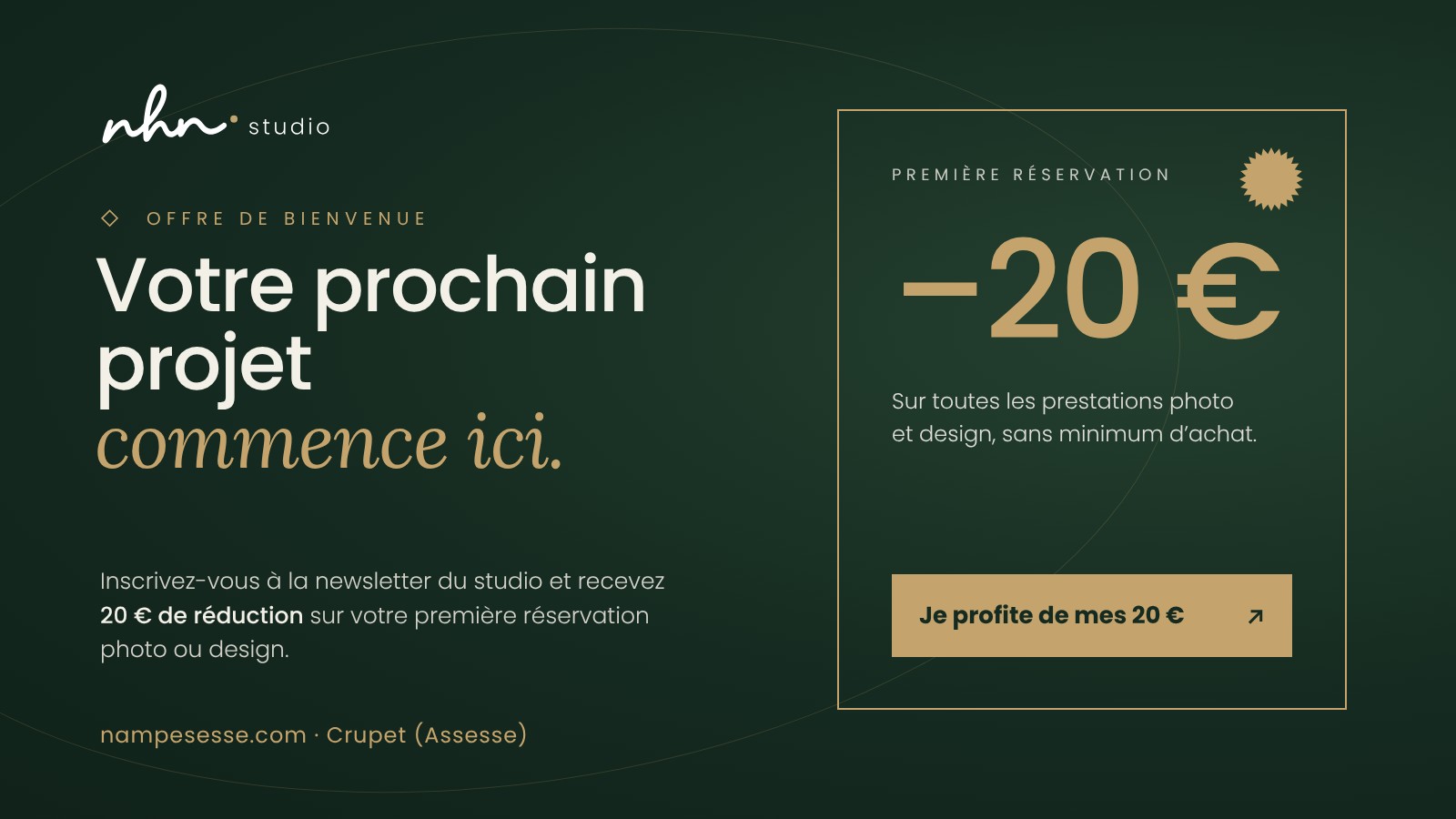 Promotion nhn. Studio : -20 € sur la première réservation photo ou design, photographe et graphiste à Crupet dans le Condroz